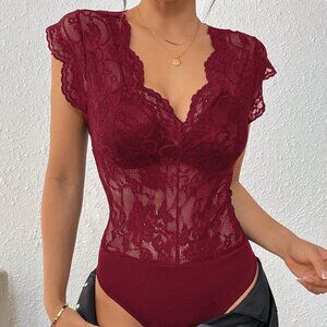 Burgundy Elegant Women's Sexy Lace Trim & Patchwork Sleeveless Bodysuit